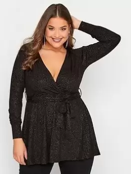 Image of Yours Glitter Party Wrap Top - Black, Size 20, Women