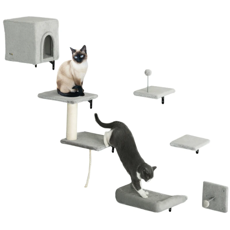 Image of PawHut 6 Piece Cat Wall Shelves Set, Cat Wall Furniture with Condo, Grey D30-886V00GY