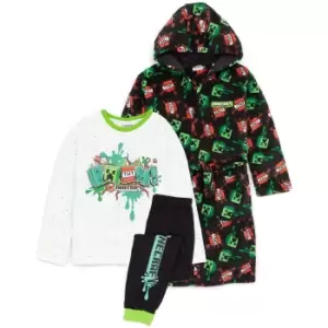 Image of Minecraft Childrens/Kids Boom! Dressing Gown & Pyjama Set (8-9 Years) (White/Black/Green)