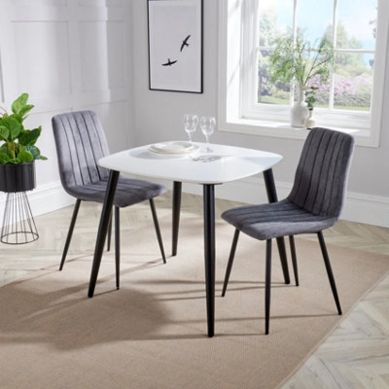 Image of Core Products Aspen White 80Cm Square Dining Table With 2 Grey Fabric Straight Stitch Design Chairs