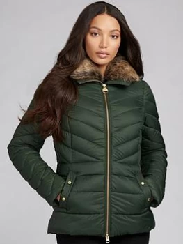 Image of Barbour International Simoncelli Detachable Faux Fur Collar Fitted Quilted Jacket - Green, Size 10, Women
