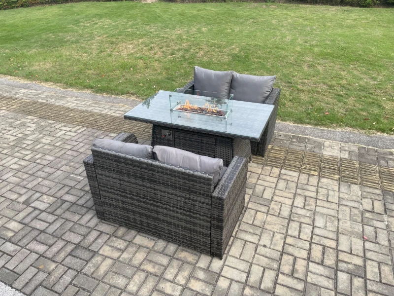 Image of Fimous Rattan Garden Furniture Set with Gas Fire Pit Dining Table Indoor Outdoor 3 piece set Dark Grey