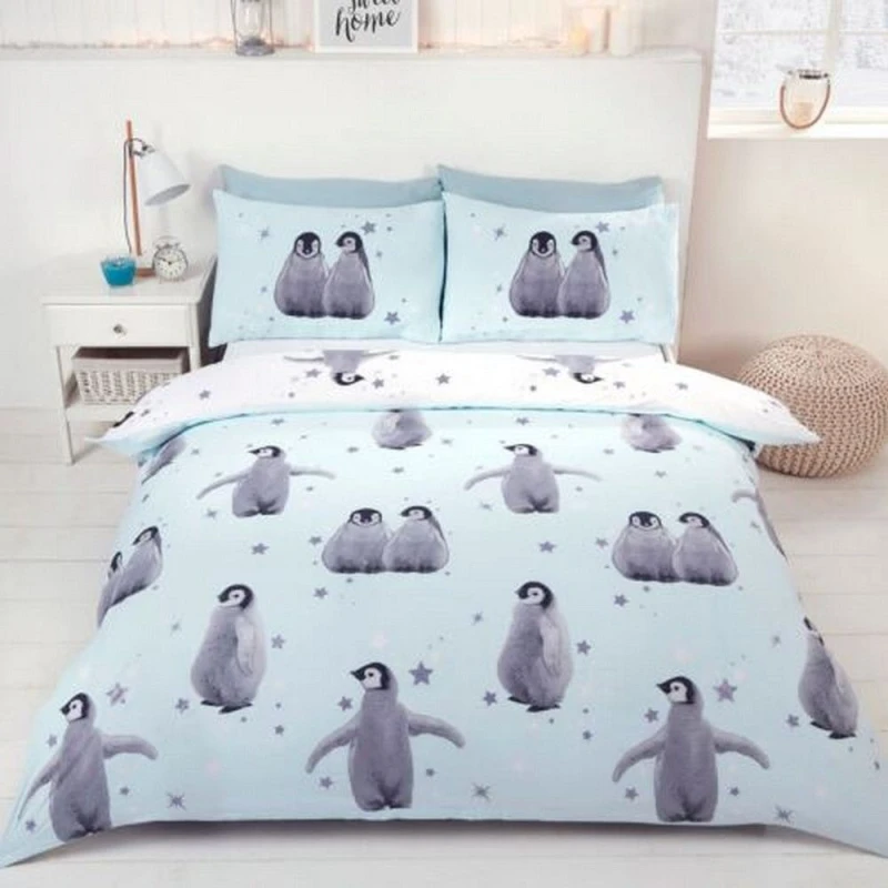 Image of Rapport Reversible Penguin Duvet Cover Set in Light Blue Size: Double Light Blue Unisex Double