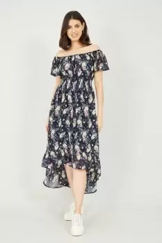 Image of Navy Tropical Printed Dipped Hem Bardot Dress