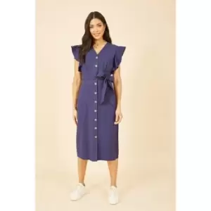Image of Yumi Navy Linen Blend Midi Shirt Dress - Blue