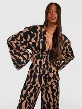 Image of Boohoo Abstract Print Flared Sleeve Blouse - Mocha, Brown, Size 12, Women