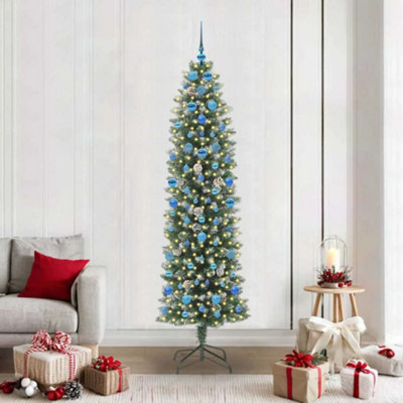 Image of vidaXL Artificial Slim Christmas Tree with Blue Balls Green and white 210 cm, Green 3395312