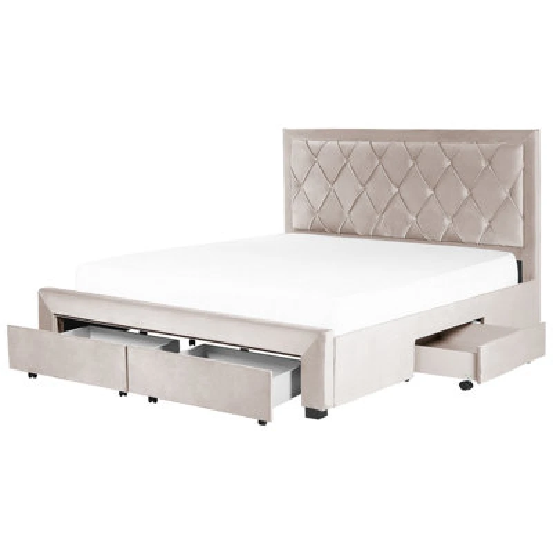 Image of Beliani Bed With Storage Drawers Velvet Lievin 180 X 200 Cm (Eu Super King) Beige