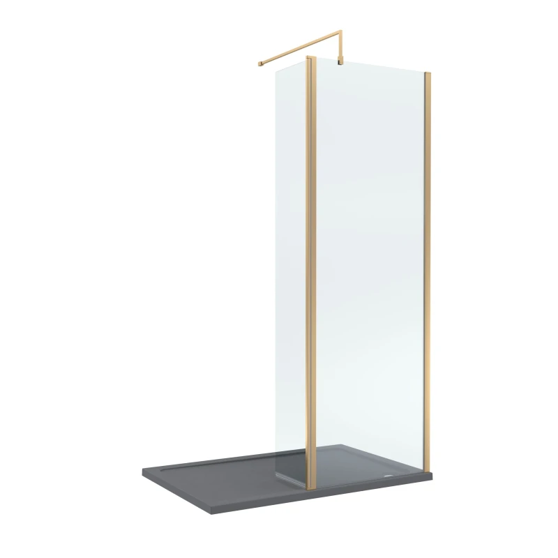 Image of Balterley 8mm Glass Wetroom Screen, Return Brushed Brass and Tray 1200 x 800mm Grey