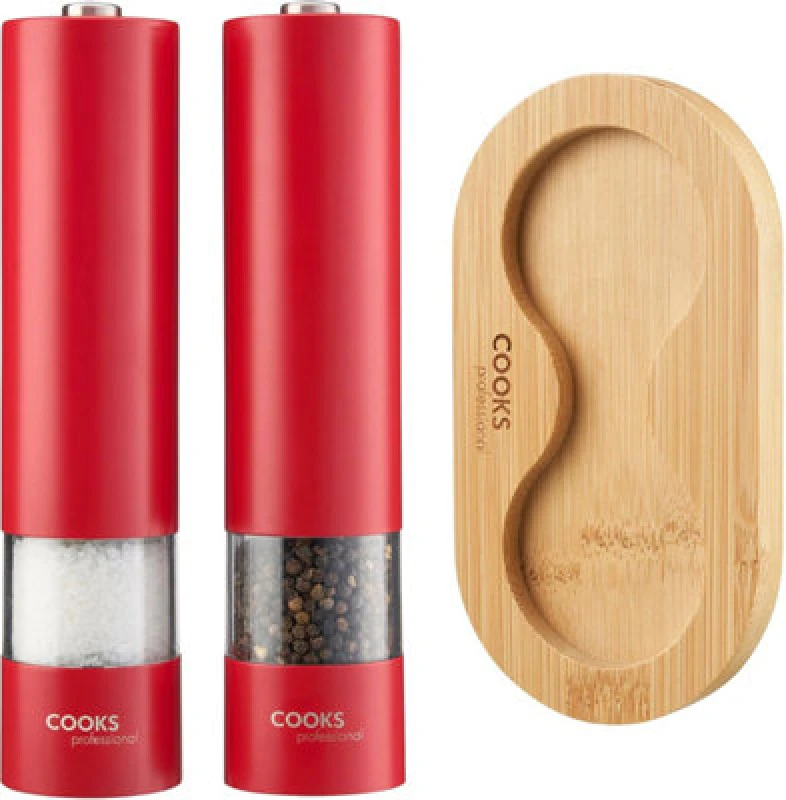 Image of Cooks Professional Electric Salt And Pepper Mill Set With Bamboo Stand - Automatic Seasoning Condiment Grinders - Red