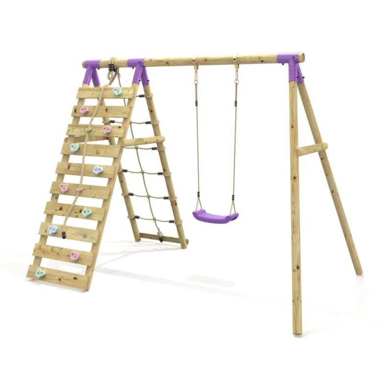 Image of OutdoorToys Single Garden Swing Set with Climbing Wall for Kids - Aria Purple Purple Unisex