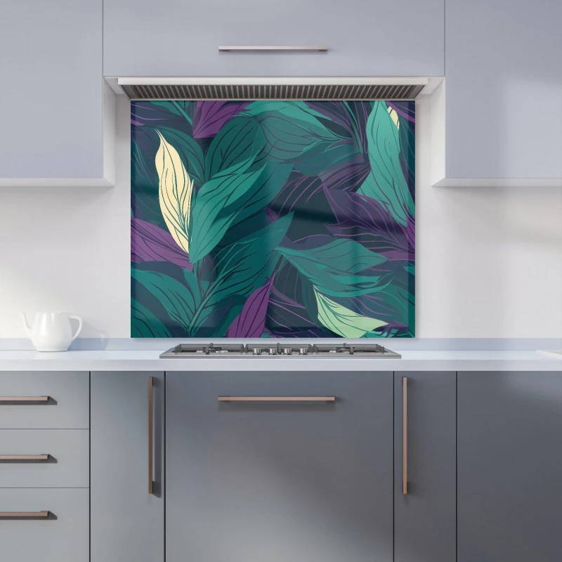 Image of Warren Reed - Designer Green Purple Tropical Leaves Kitchen Splashback Size: 700mm x 650mm Green Unisex 700mm x 650mm