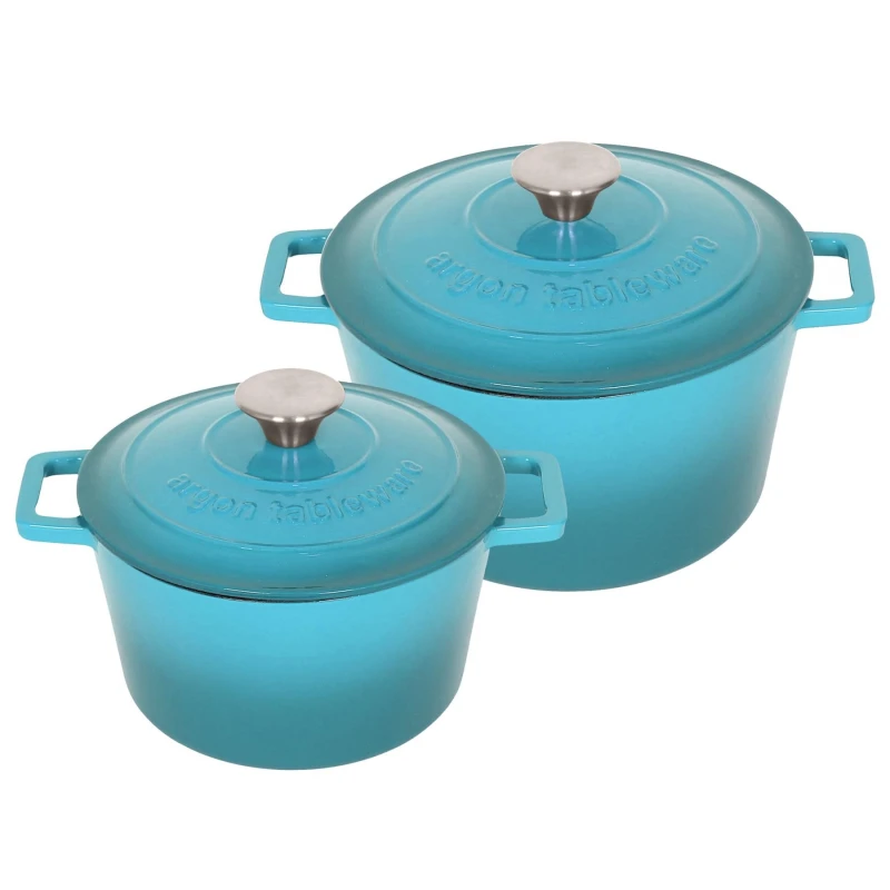 Image of Argon Tableware 2pc Round Cast Iron Casserole Dish Set - 2.8L / 4.5L Cookware with Lid in Teal Teal Unisex