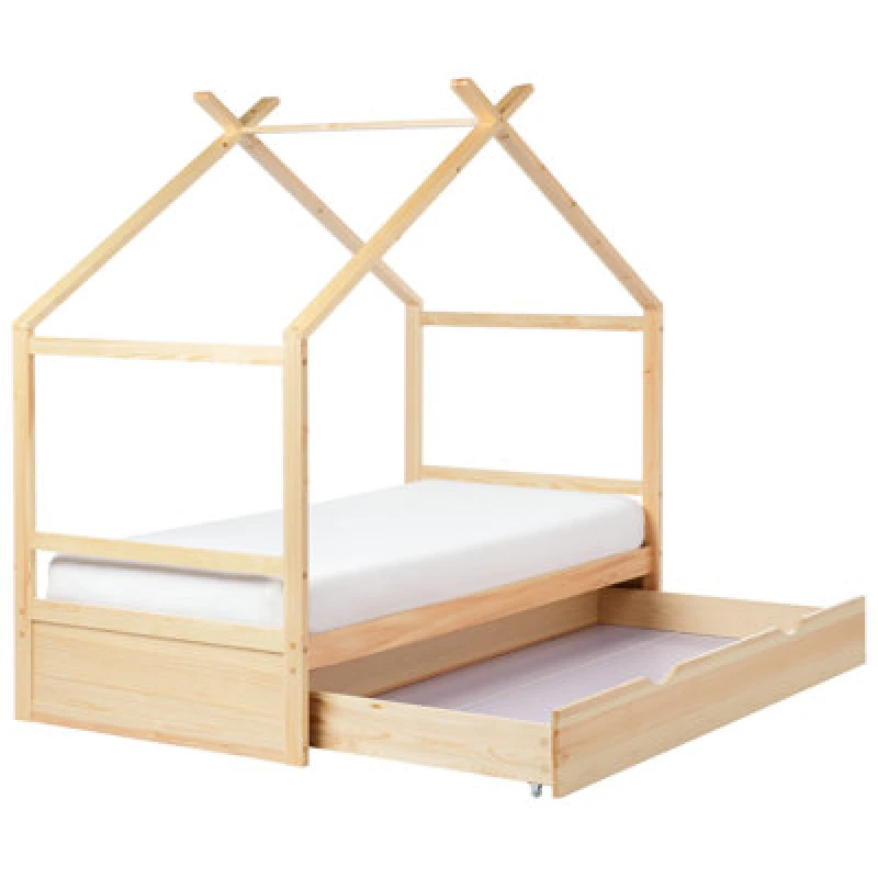 Image of Beliani Kids Bed House Pine Wood Orgeval 90 X 200 Cm (Eu Single) With Storage Light Brown