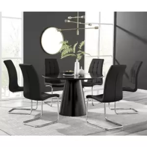 Image of Furniturebox Palma Black Semi Gloss 120cm Round Minimalist Dining Table & 6 Black Murano Chairs