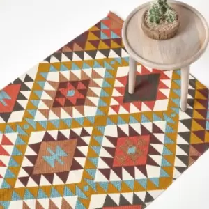 Image of Oslo Orange, Brown and Yellow Multi Coloured 100% Cotton Diamond Pattern Rug, 120 x 170cm - Multi Colour - Homescapes