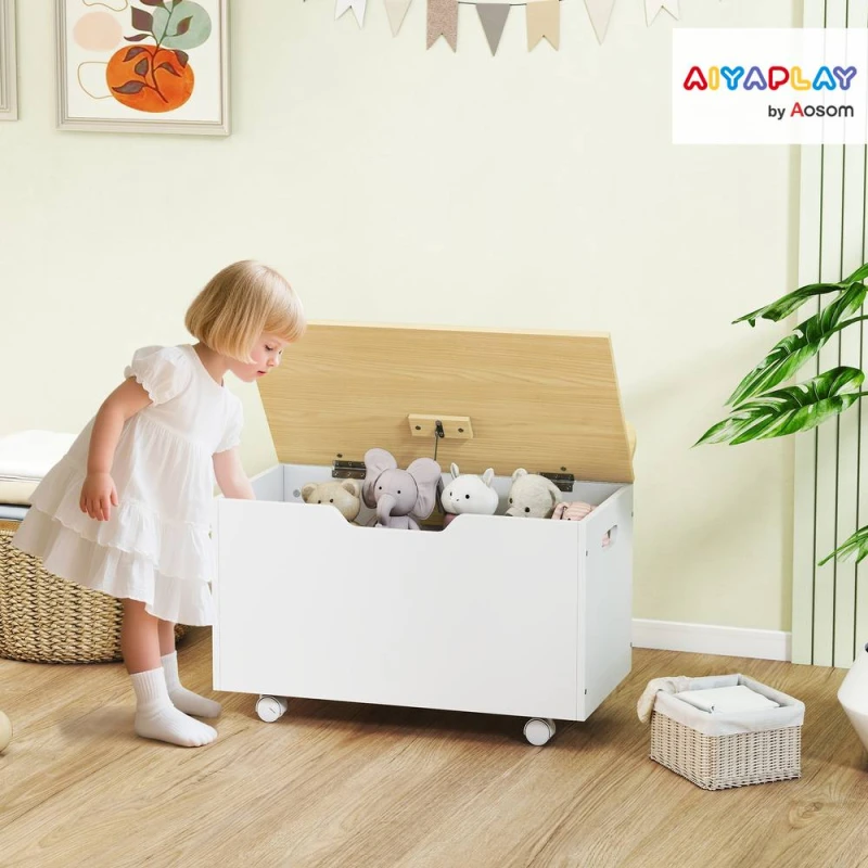 Image of AIYAPLAY Toy Box for Kids, Toy Chest with Wheels & Safety Hinges, White White Unisex