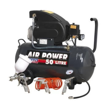 Image of Sealey - SAC5020EPK Compressor 50 Litre Direct Drive 2hp with 4pc Air Accessory Kit