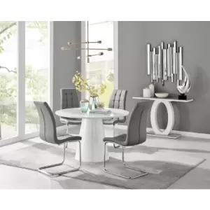 Image of Furniturebox Palma White High Gloss 4 Seat Minimalist Post Modern Round Dining Table & 4 Grey Murano Faux Leather Chairs