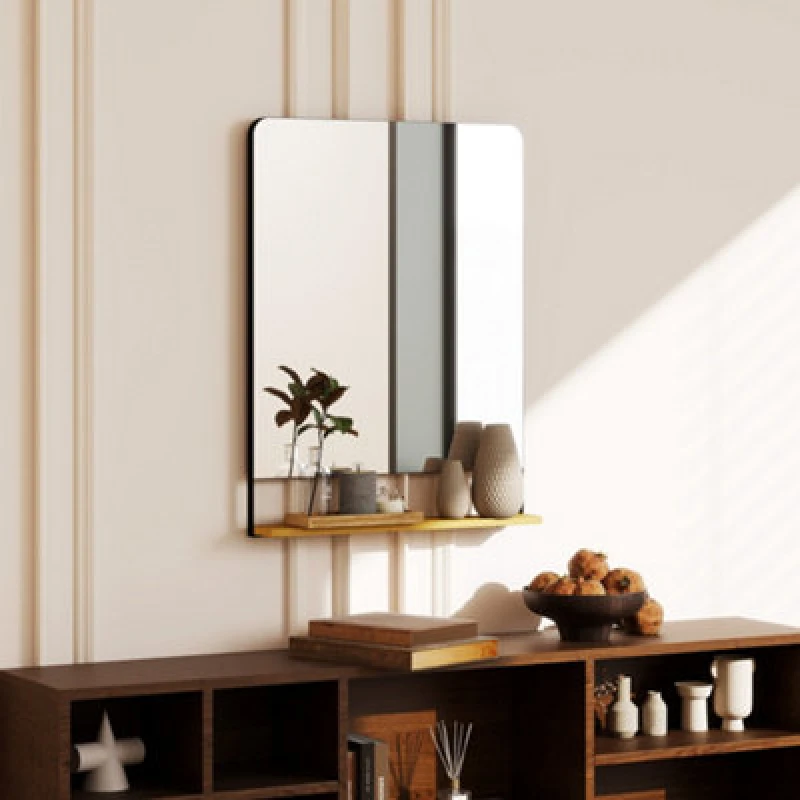 Image of HOMCOM Decorative Mirror with Wood Shelf, Industrial Wall Mirror, Black 83C-183V01BK