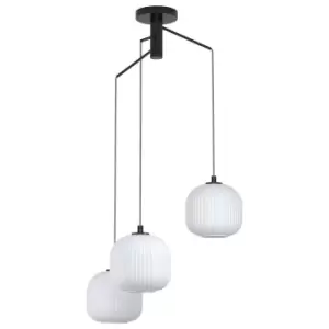 Image of Pendant 3 Bulb Ceiling Light Colour Black Shade White Ridged Glass E27 3x40W