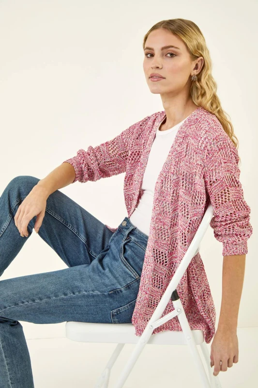 Image of Roman Womens Tape Knit Cotton Blend Cardigan in Pink Size: 20 Pink Female 20