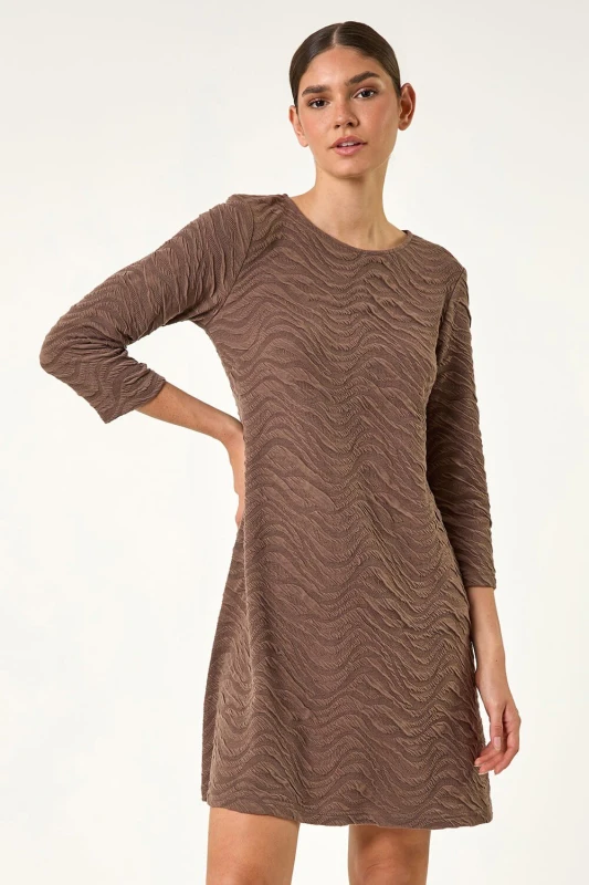 Image of Roman Wave Textured Stretch A-Line Dress Taupe