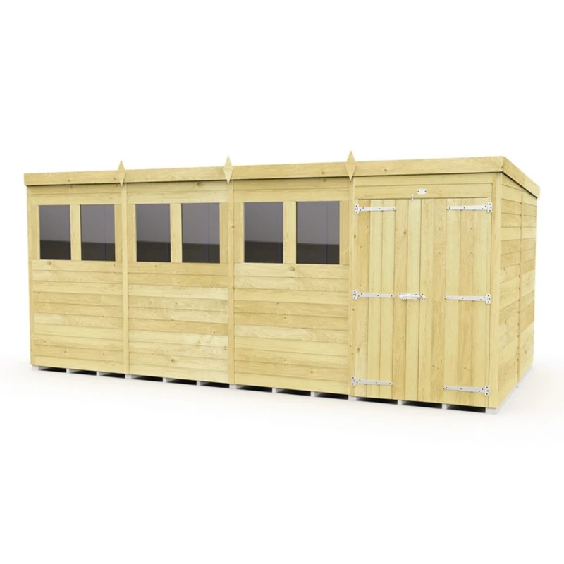 Image of Buttercup Farm 16 x 8 Feet Pent Shed - Double Door W/ Windows - L231 x W474 x H201cm in Brown Brown Unisex