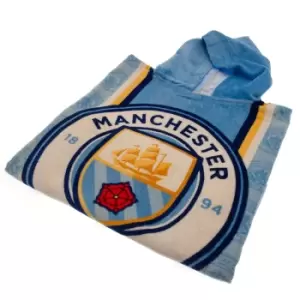 Image of Manchester City FC Childrens/Kids Crest Hooded Towel (One Size) (Sky Blue/White/Gold)