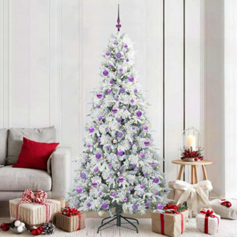 Image of vidaXL Artificial Hinged Christmas Tree with Lilac Balls Snow Flocked Green 210cm PE and PVC, Green 3397503