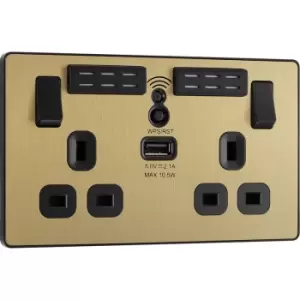 Image of BG Evolve Brushed (Black Ins) WiFi Extender Double Switched 13A Power Socket + 1X USB (2.1A) in Brass Steel