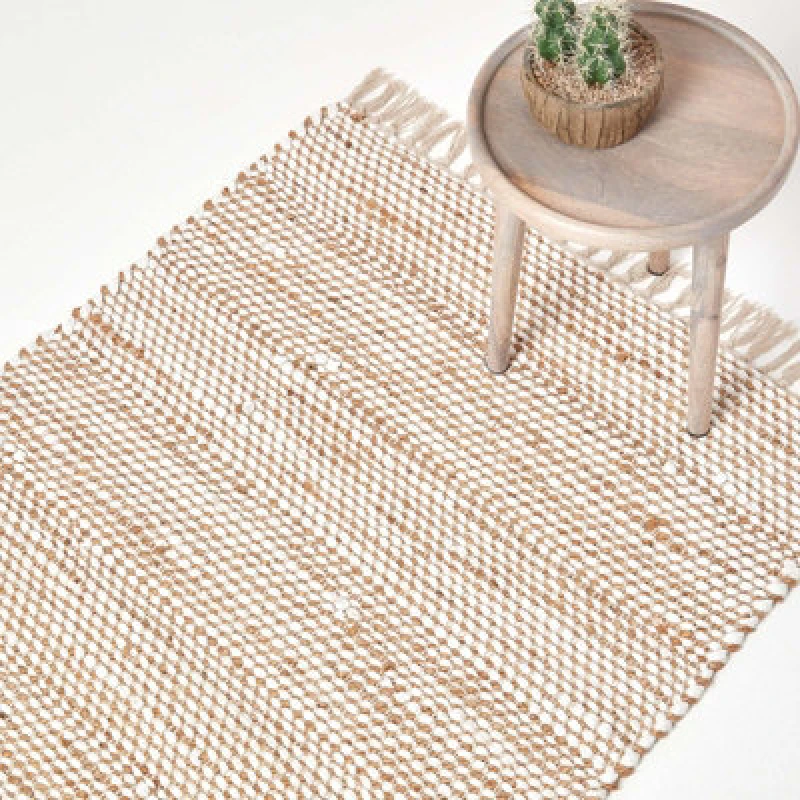 Image of Homescapes Horizon Neutral Chevron Hemp Chindi Rug, 90 X 150 Cm