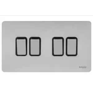 Image of Schneider Electric Ultimate Screwless Flat Plate - 4 Gang Rocker 2 Way Light Switch, Single Pole, 16AX, GU1442BSS, Stainless Steel with Black Insert