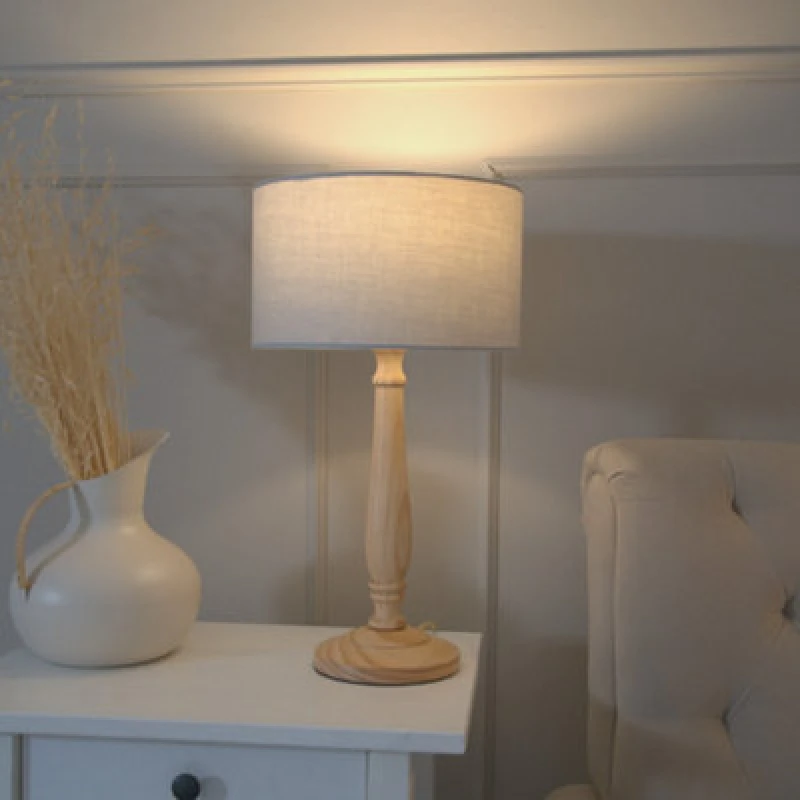 Image of ValueLights Victoria Light Wood Traditional Stem Table Lamp with Fabric Drum Shade Grey