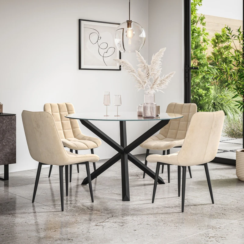 Image of More4Homes Malvern Round Dining Table And Chairs - Clear Glass Table Top W Solid Black Oak Legs + Nova Velvet Dining Chair Set Of 4 (Beige)