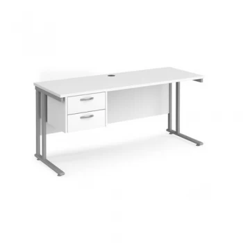 Image of Office Desk Rectangular Desk 1600mm With Pedestal White Top With Silver Frame 600mm Depth Maestro 25 MC616P2SWH