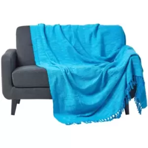 Image of Nirvana Slub Cotton Teal Throw, 225 x 255cm - Blue - Homescapes