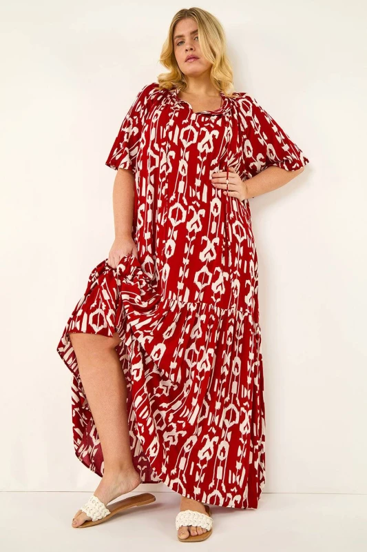 Image of Roman Womens Curve Printed Woven Maxi Dress in Red Size: 18 Red Female 18