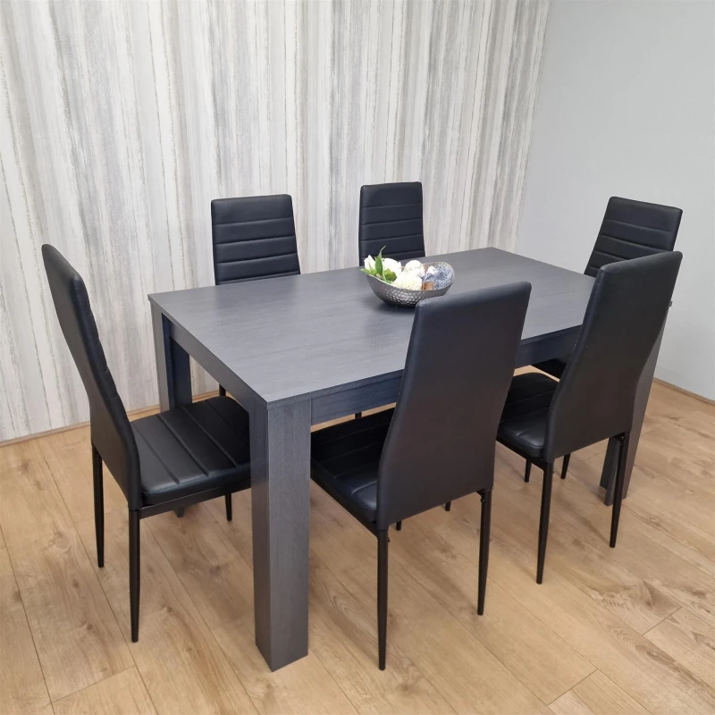 Image of KOSY KOALA Dining Table and 4 Chairs With Bench Stone Grey Effect Wood Table 4 Grey Leather Chairs Dining Room Stone grey 140 + 4 grey rocco + 1 bench