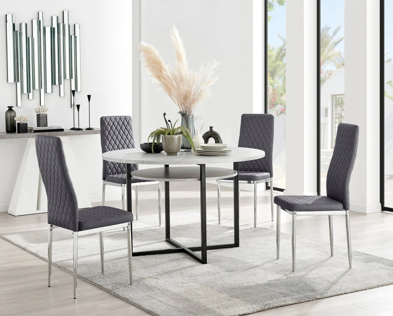 Image of FurnitureboxUK FurnitureboxUK Adley Grey Concrete Effect Round Dining Table & 4 Velvet Milan Chairs Grey One Size Unisex 5056657141868