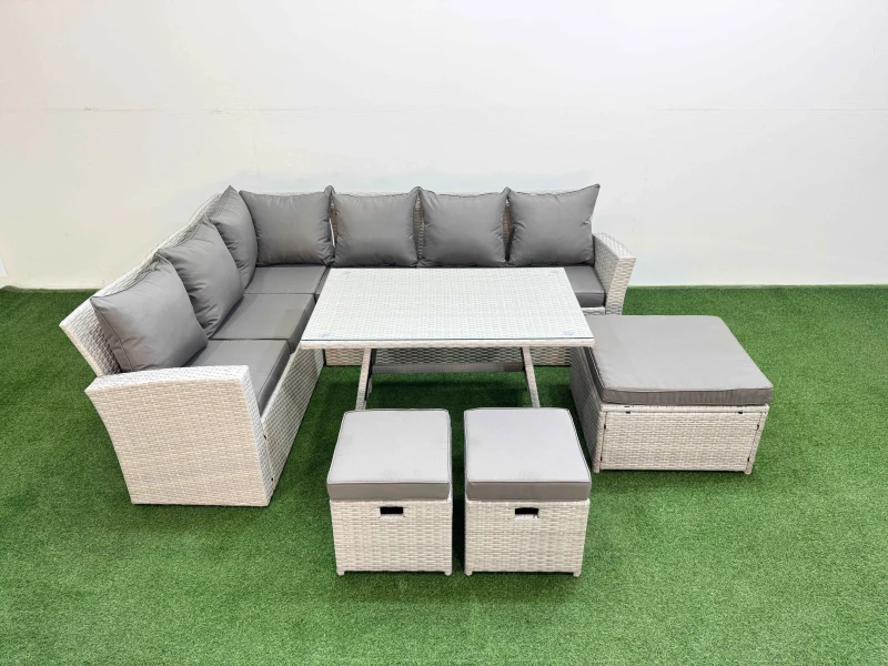 Image of Fimous Garden Outdoor Rattan Furniture Set with 3 Footstools 9 Seater in Light Grey Light Grey Unisex