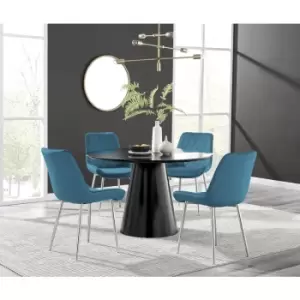 Image of Furniturebox Palma Black Semi Gloss 120cm Round Minimalist Dining Table & 4 Blue Pesaro Silver Chairs
