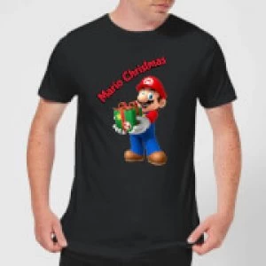 Image of Nintendo Super Mario Mario Present Merry Christmas Black T-Shirt - M - Black