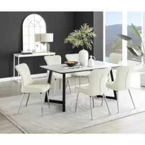 Image of Furniturebox Carson White Marble Effect Rectangular 160cm Dining Table & 6 Cream Nora Silver Leg Velvet Chairs