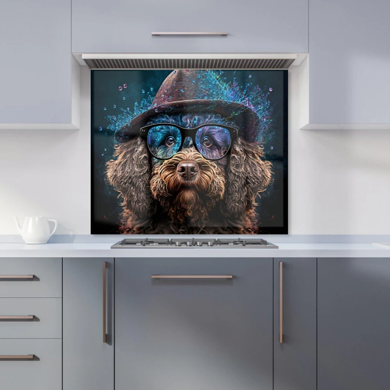 Image of Warren Reed - Designer Labradoodle Dog With Glasses Splashart Kitchen Splashback Size: 900mm x 650mm Multicolor Unisex 900mm x 650mm