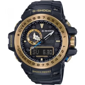 Image of Mens Casio G-Shock Premium Gulfmaster Black x Gold Alarm Chronograph Radio Controlled Watch