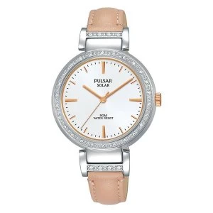 Image of Pulsar PY5055X1 Ladies Solar Pink Leather Strap Swarovski Crystal 50M Watch