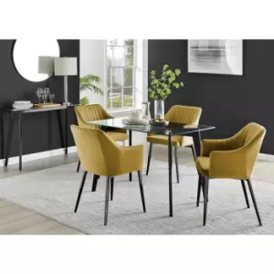 Image of Furniturebox Malmo Rectangular Glass and Black Wooden Leg Modern Industrial Dining Table & 4 Mustard Calla Black Leg Velvet Chairs