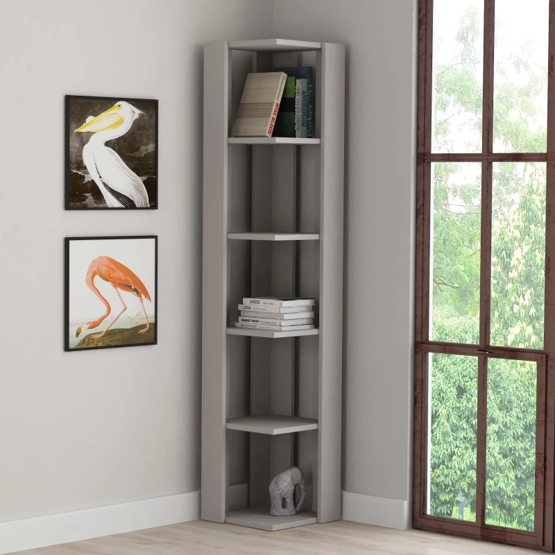 Image of DECORTIE Decortie - Nati Modern Corner Corner Bookcase Display Unit Mocha Grey Tall 161cm - Mocha Grey M.KT.02.12396.6