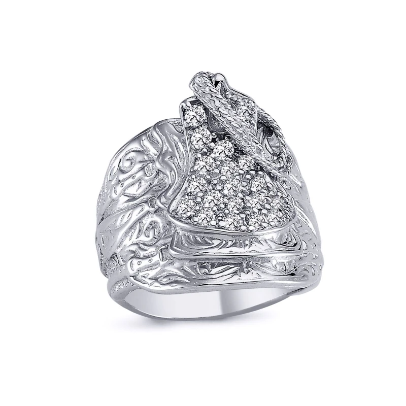 Image of Jewelco London Mens Rhodium Plated Silver Round CZ Horse Rope Saddle Ring 24mm - ARN092 Silver